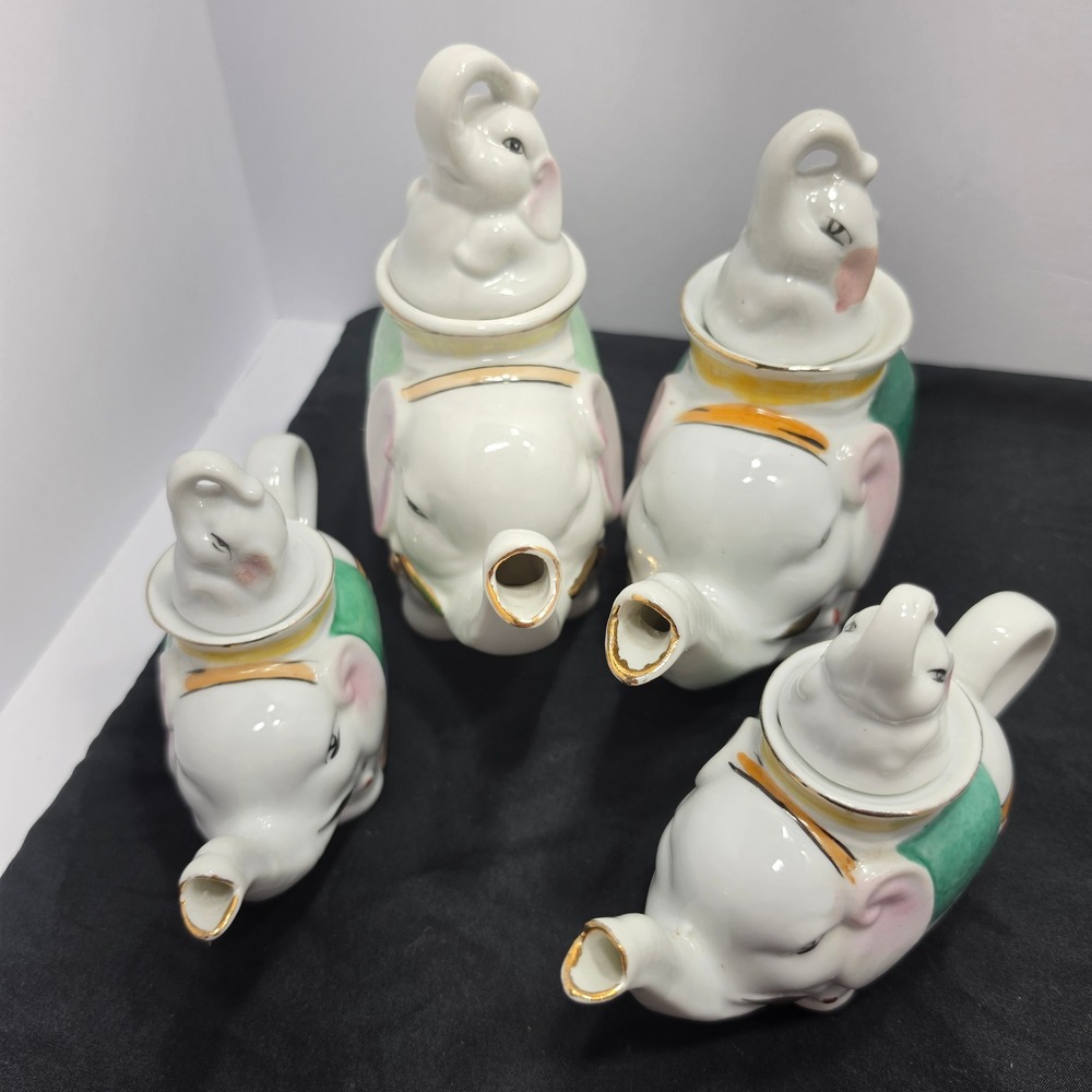 Vintage Ceramic Elephant Teapot Set of 4 Hand Painted White Gold Trim Figural - Picture 4 of 10